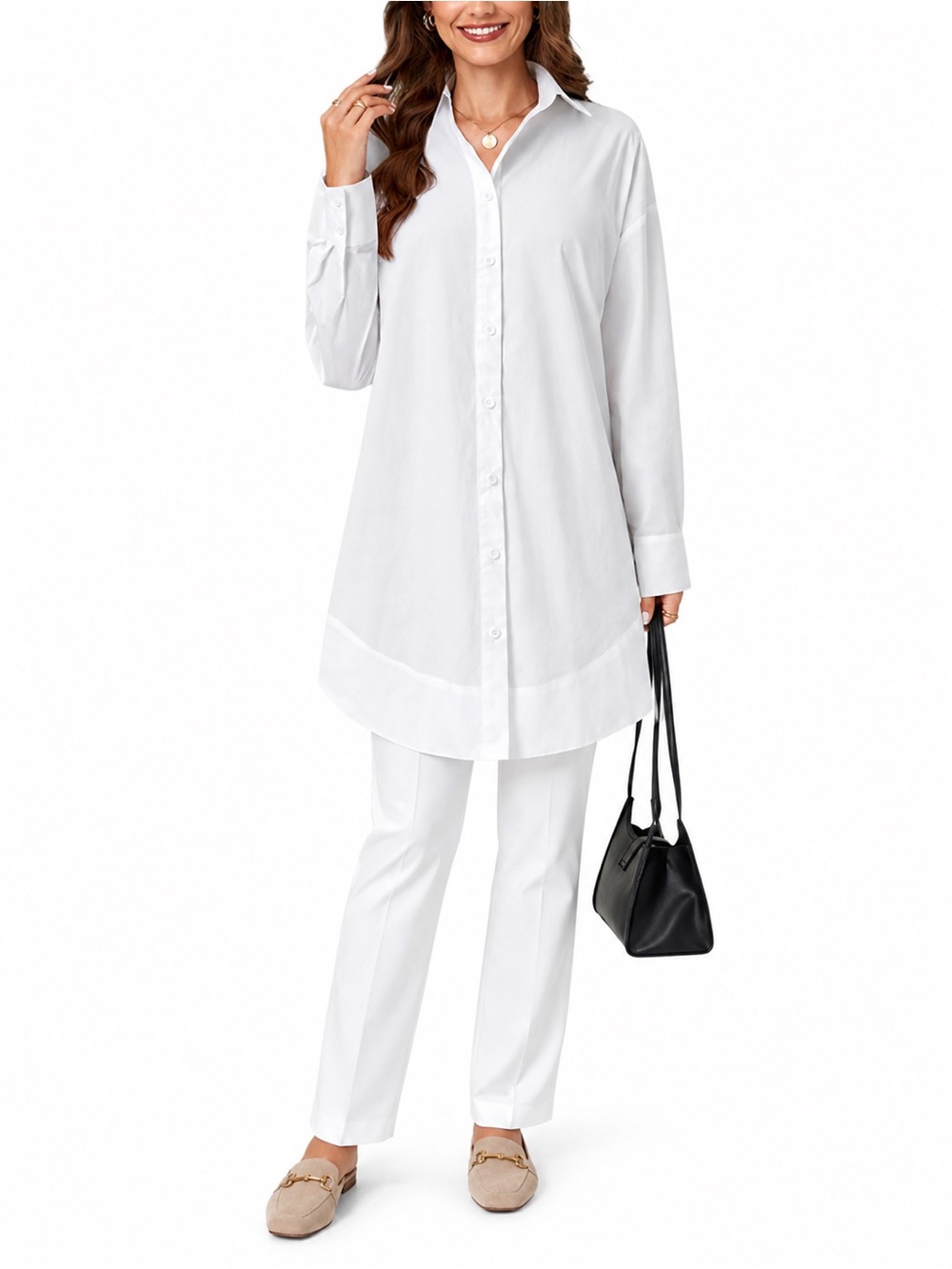 NWT 100% Cotton White Oversized Button Down Tunic Mini Shirt Dress
